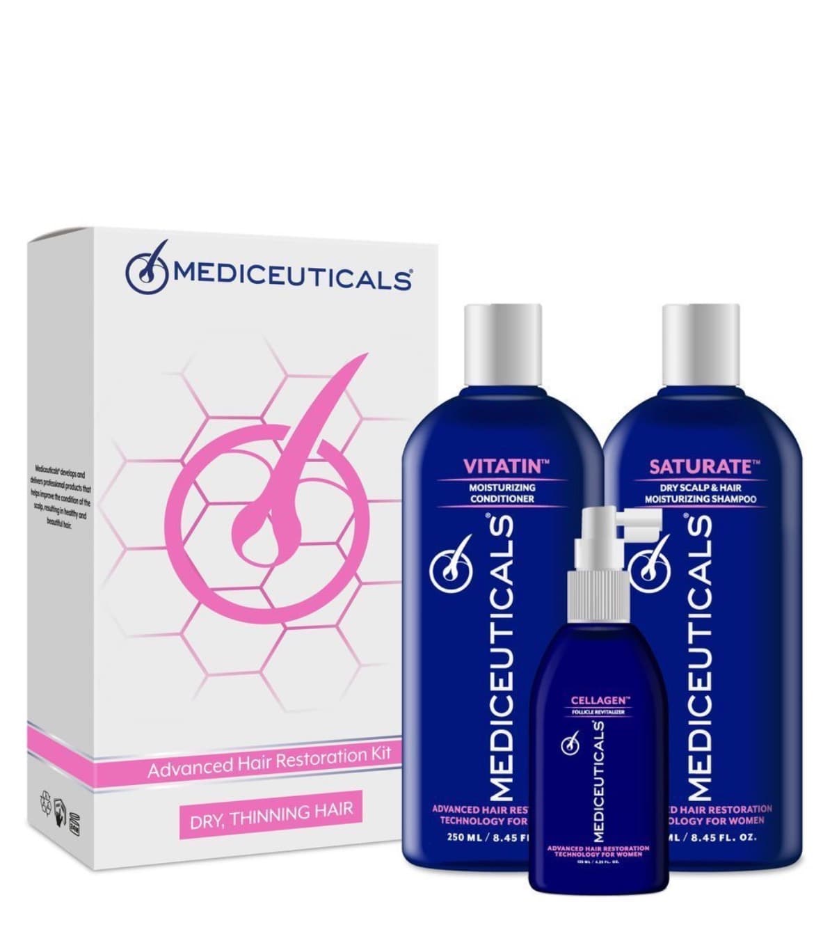 Meficeuticals Набір для стимулювання росту волосся для жінок, сухе волосся (Шампунь Saturate 250ml, Кондиціонер Vitatin 250ml, Сироватка Cellagen 125ml)